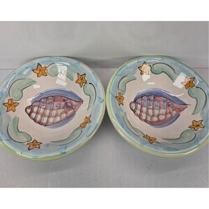 2 VTG Bella Ceramica Delray Seashell Starfish Ceramic Bowls Hand Painted 9"
